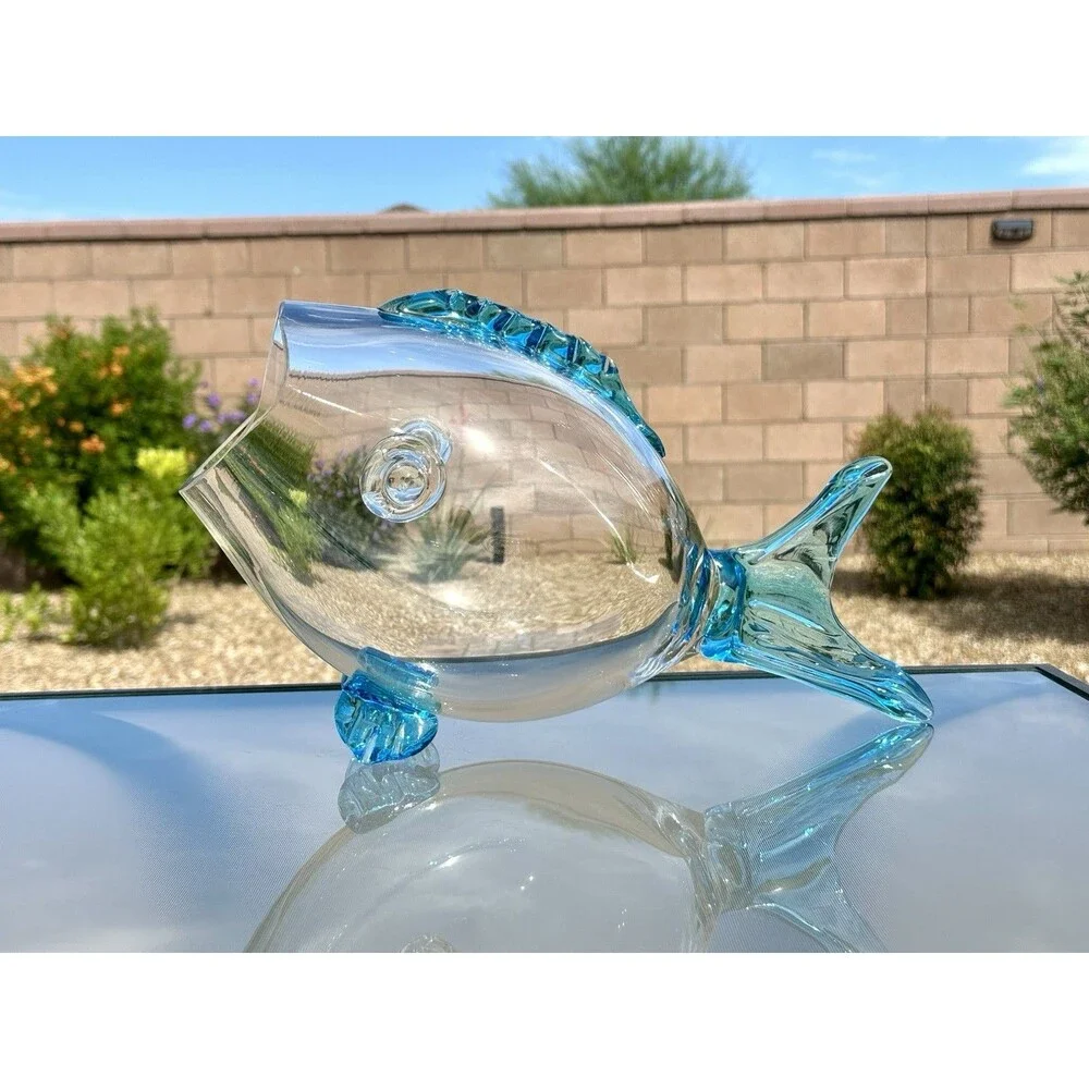 Vintage MCM Blenko Art Glass Fish Shape Sculpture Vase Bowl Clear Aqua Blue 14